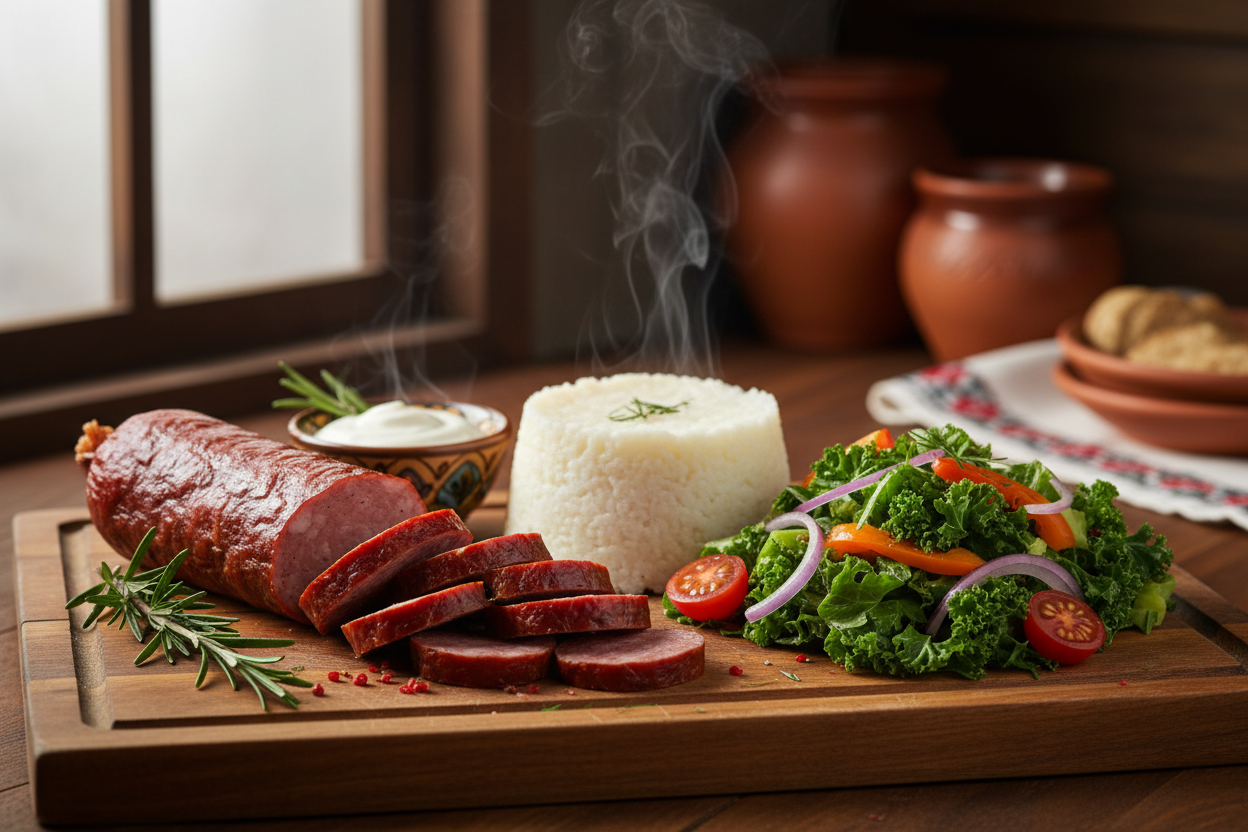 Full Hungarian Sausage with Nshima and Vegetables