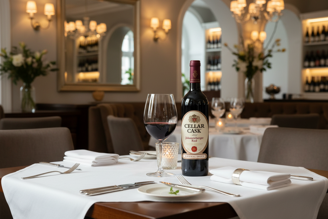 Red wine glass with Cellar Cask bottle on restaurant table