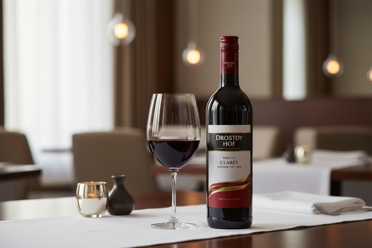 Red wine glass with Drostdy Hof bottles on restaurant table