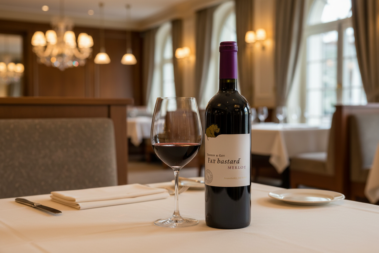 Red wine glass with Fat Bastard bottle on restaurant table