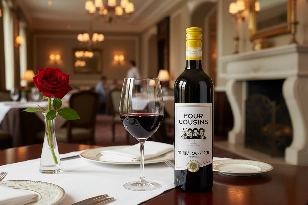 Red wine glass with Four Cousins bottle on restaurant table